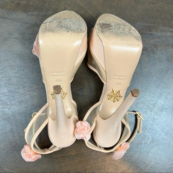 Charlotte Olympia Fleur Platform Sandals Heels Organza Flowers Pink Nude 38 1/2 - Picture 8 of 16
